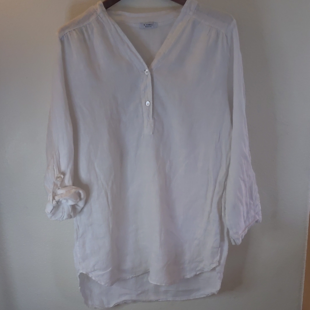Rosemarine Italian White V-Neck Blouse 100% Linen Classic L